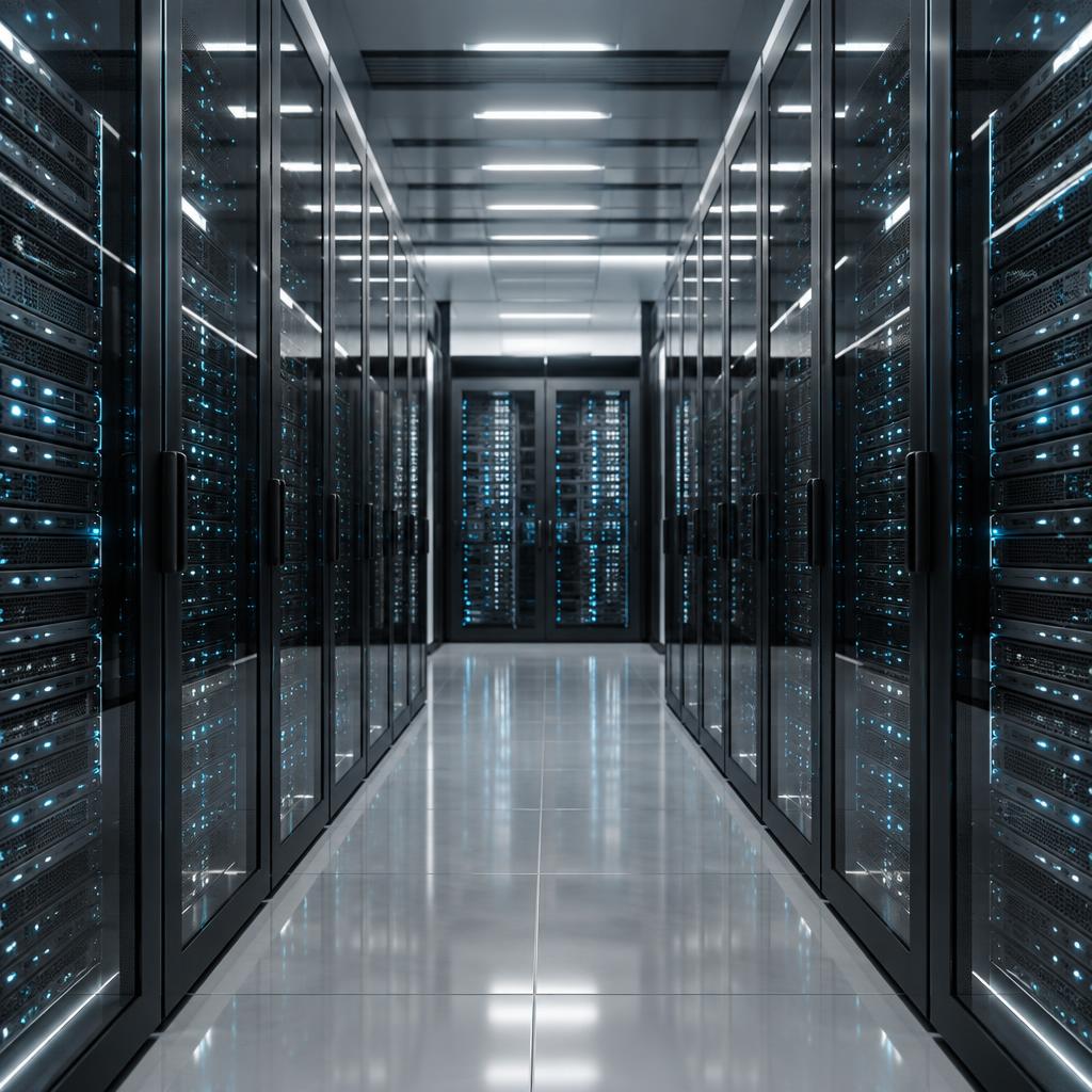 Rows of server racks in a modern enterprise data center