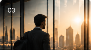 Professional looking toward a city skyline through office windows at golden hour