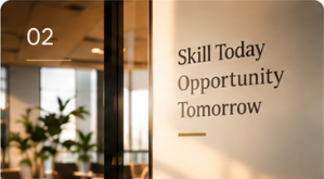 Warm modern interior with the words Skill Today, Opportunity Tomorrow