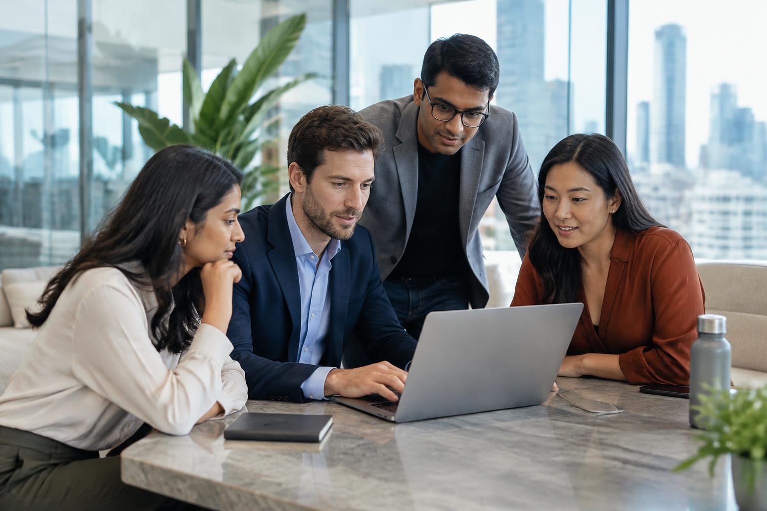 Technology professionals collaborating around a laptop